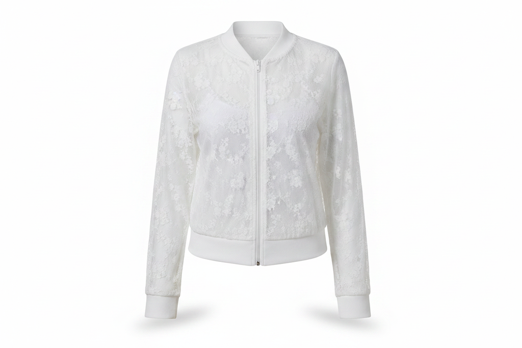 White lace floral zip-up bomber jacket