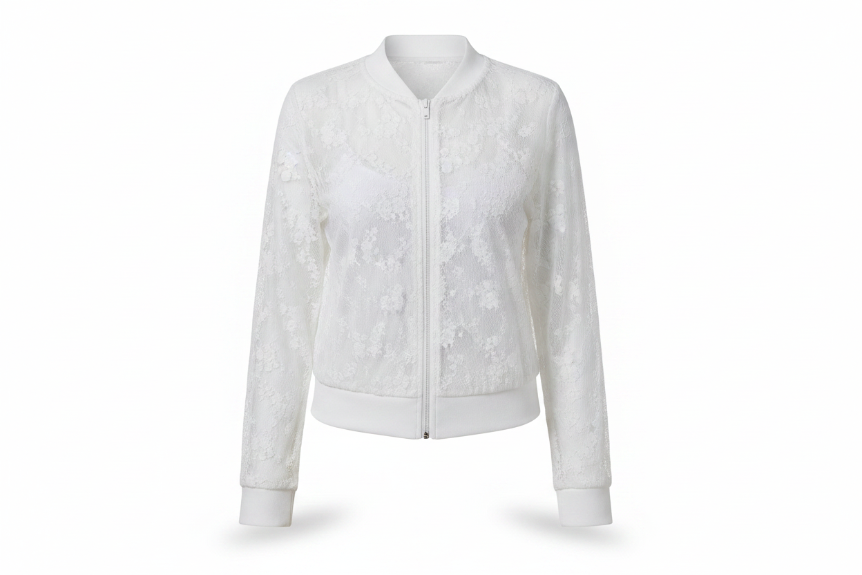 White lace floral zip-up bomber jacket